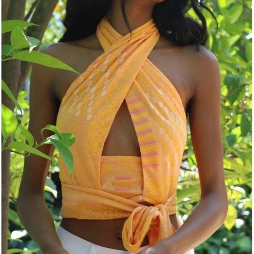 Eva Franco x Anthropologie Citrus Yellow Knit Summer Wrap Halter Top Size Large - Picture 10 of 10